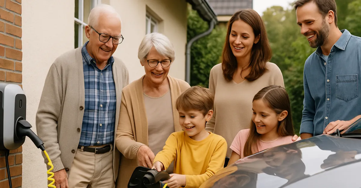 Mehrgenerationenfamilie lädt gemeinsam ein Elektroauto an einer Wallbox im Vorgarten – Symbolbild für nachhaltige Mobilität und gesellschaftlichen Zusammenhalt.