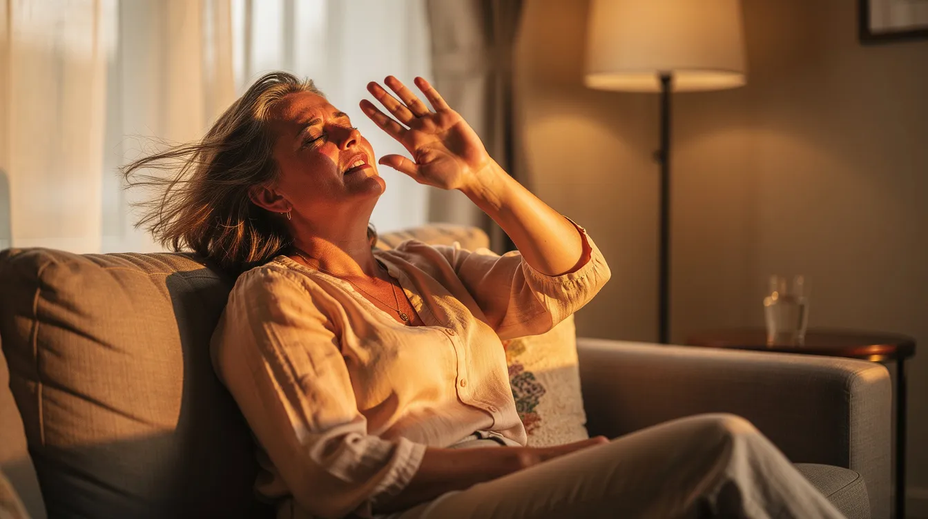 Eine Frau sitzt entspannt auf einem Sofa und fächert sich mit der Hand Luft zu, während warmes Licht den Raum durchflutet. Diese Szene spiegelt die Herausforderungen wider, die viele Frauen in den Wechseljahren erleben, wie Hitzewallungen und Schweißausbrüche, und zeigt, wie wichtig es ist, im Alltag für das eigene Wohlbefinden zu sorgen.