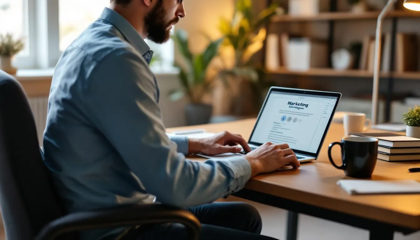 A small business owner is seated at a desk, focused on planning marketing strategies using a laptop, surrounded by notebooks and a cup of coffee. This scene reflects the essential marketing efforts for small businesses, emphasizing the importance of a well-thought-out marketing plan to engage potential customers and build brand awareness.