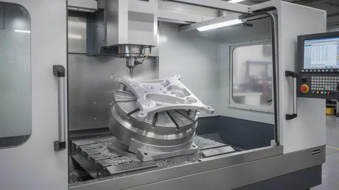 The image shows a trunnion-style 5-axis machining center with a tilting rotary table, actively cutting a contoured metal aerospace bracket. This advanced CNC machining center is designed for precision machining, allowing for multiple machining operations in one setup to produce complex parts with tight tolerances.