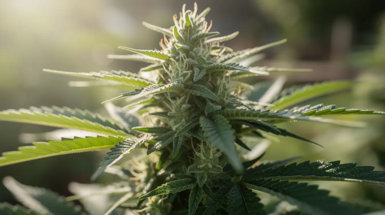 Nahaufnahme einer grünen Cannabis-Pflanze mit deutlich sichtbaren Blättern und Knospen, die in natürlichem Licht erstrahlen. Diese Pflanze ist bekannt für ihre medizinischen Eigenschaften und kann zur Herstellung von CBD-Öl verwendet werden, das verschiedene gesundheitliche Vorteile bietet.