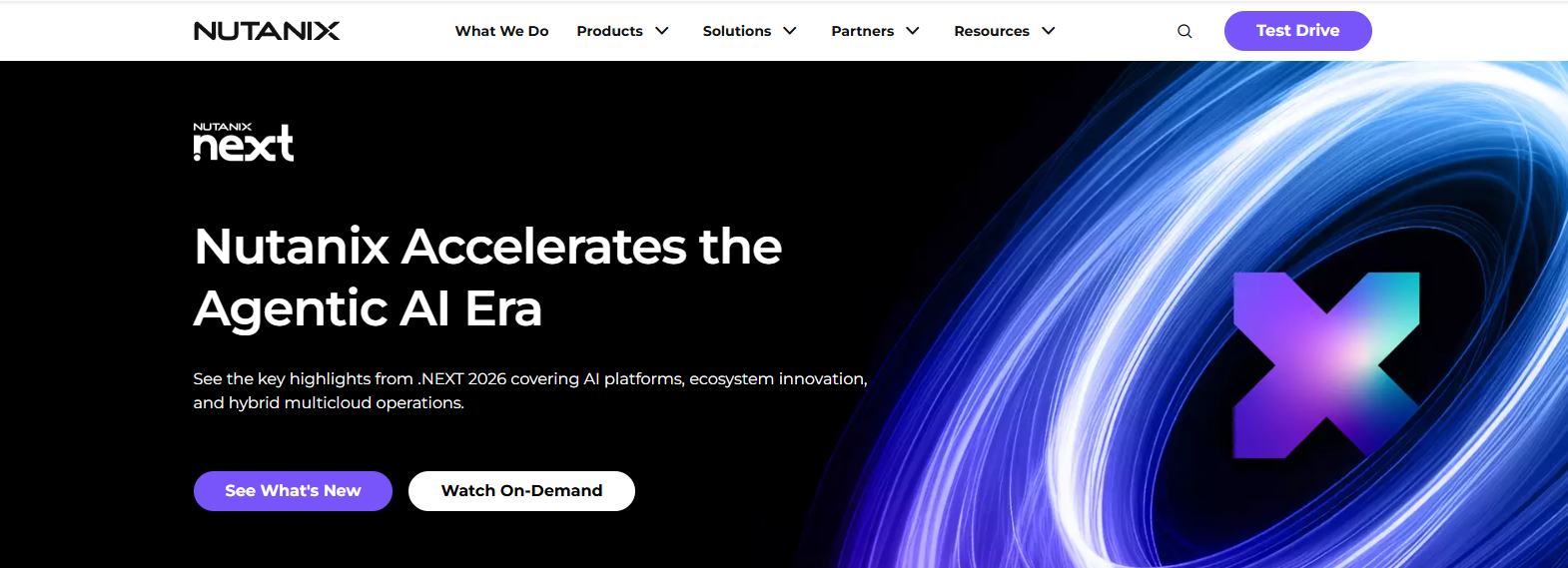 Nutanix hybrid multicloud platform featuring AI-ready infrastructure, virtualization, and cloud management capabilities as a VMware alternative for enterprise workloads.