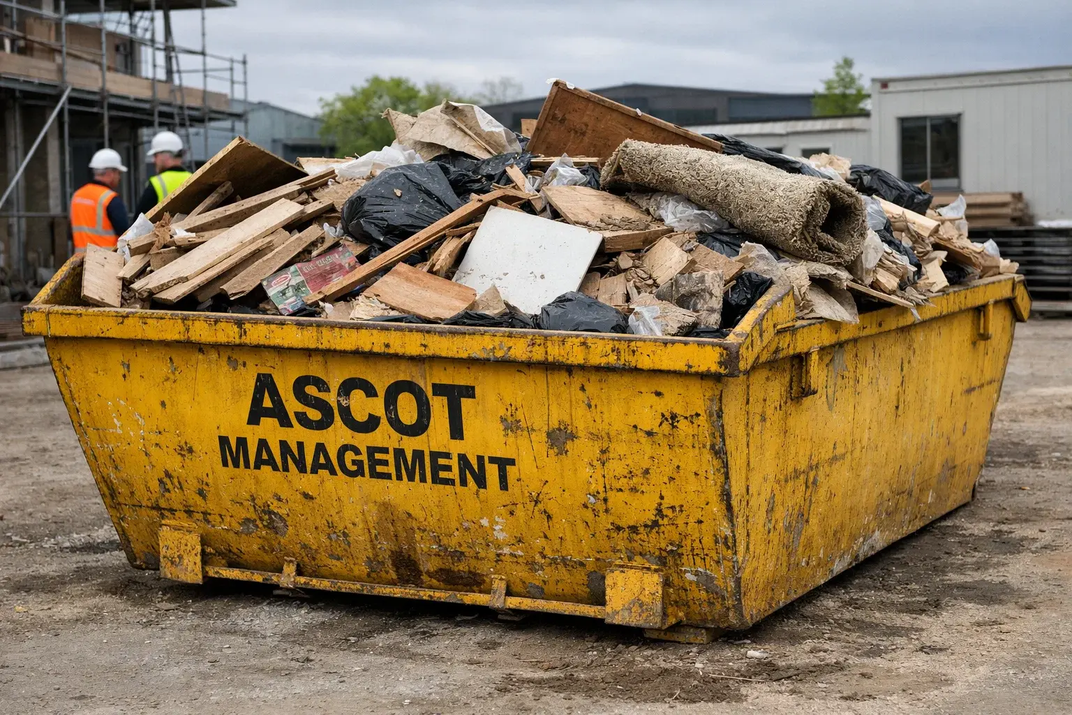 Large Ascot Management skip filled with bulky waste on a commercial construction site