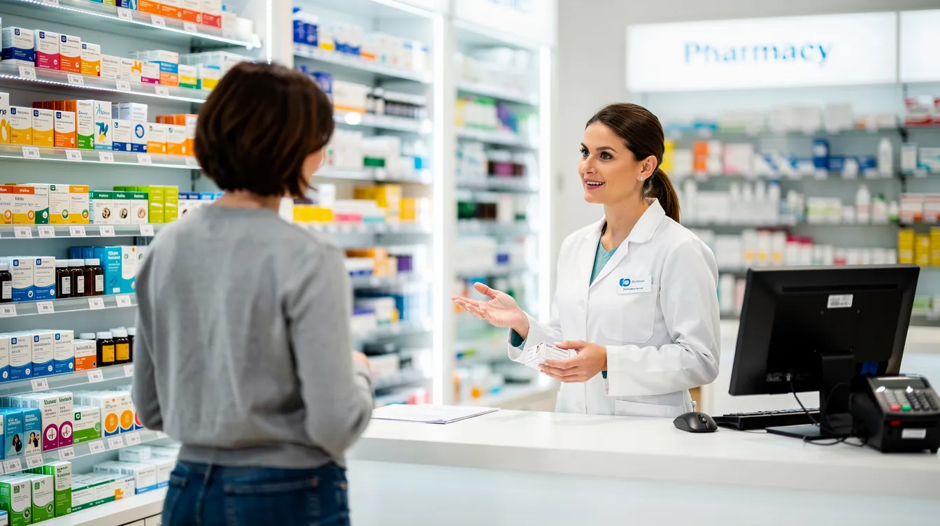 e3498d12 0172 42f1 b5c8 c7b1cd6bd6e4 The image depicts a pharmacist assisting a customer at a pharmacy, surrounded by shelves filled with various medicines and medical devices. This scene highlights the vital role of healthcare providers in ensuring patient care within the healthcare industry.