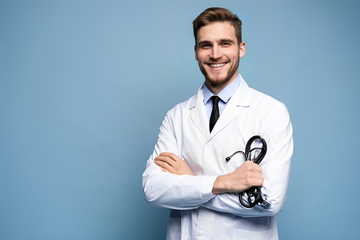 A photo of a doctor smiling while holding a stethoscope