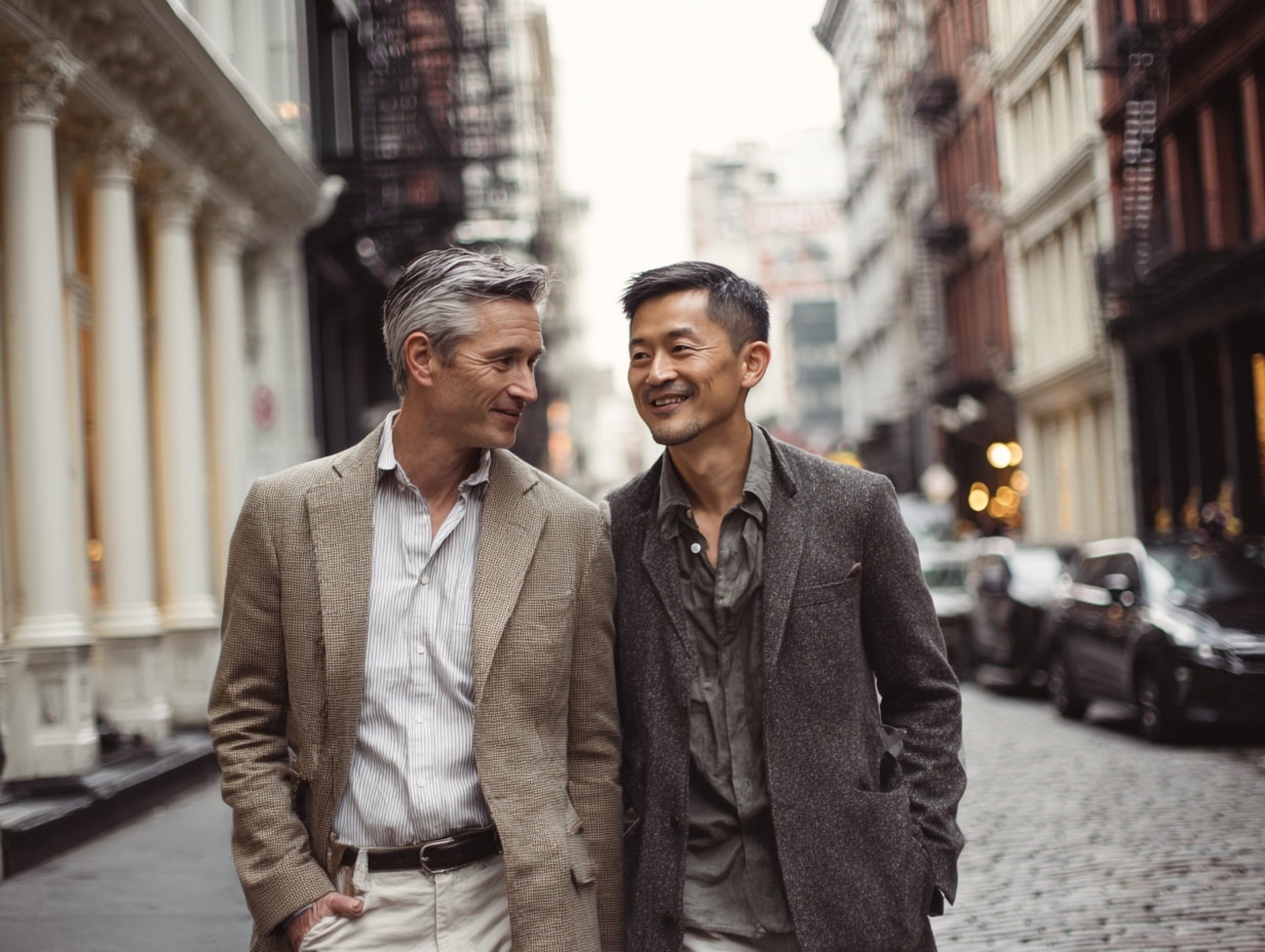 Gay male couple walking closely together on a West Village street in New York after couples therapy, showing emotional connection, confidence, and a secure partnership.
