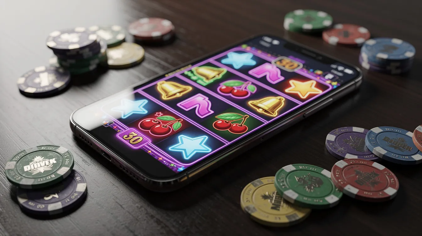 A smartphone rests on a table, displaying vibrant slot game reels surrounded by scattered casino chips, suggesting an engaging experience found in online casinos. This scene evokes the excitement of playing at non Gamstop casinos, where players can explore various casino games and enjoy bonuses like free spins.