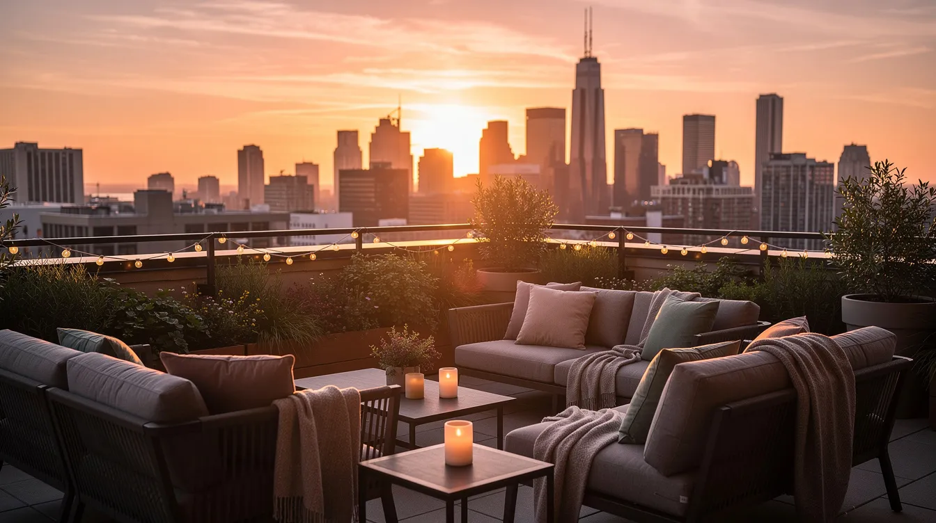 The image depicts a rooftop terrace with stylish lounge seating, offering a breathtaking view of the urban skyline at sunset, framed by the soft glow of natural light. The space features elements reminiscent of the Irwin Toy Factory, with exposed brick walls and steel ceiling beams, creating a chic atmosphere perfect for relaxation in the heart of the city.