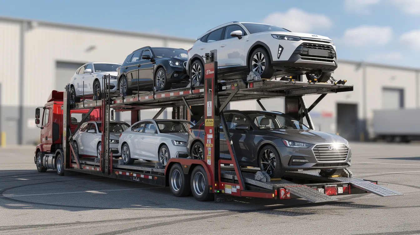An open car carrier trailer is loaded with several sedans and SUVs, showcasing a variety of vehicle types ready for transport. This image represents reliable auto transport services, ideal for shipping cars across major highways and rural areas, including Youngstown, Ohio.