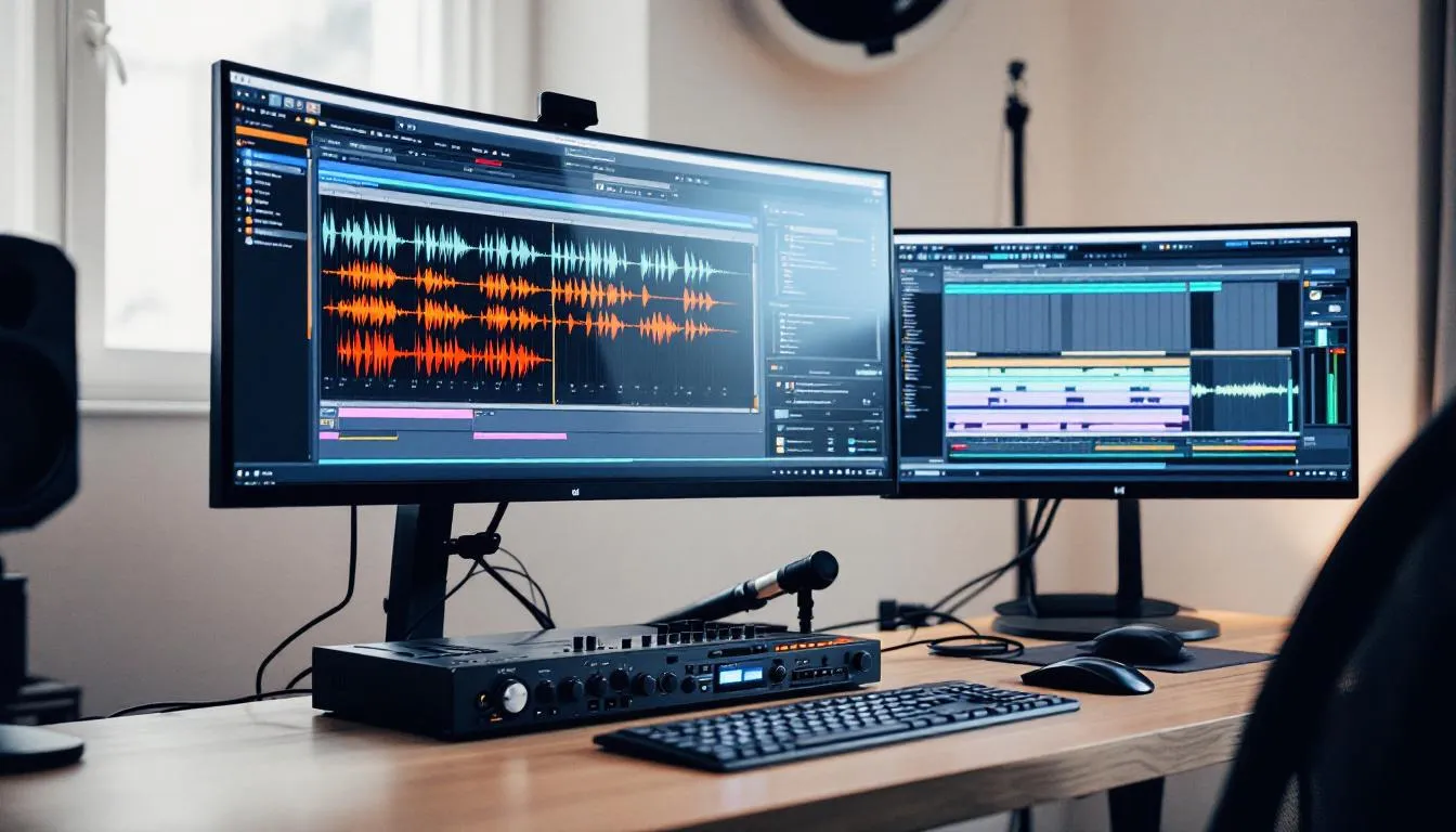 L'immagine rappresenta una moderna configurazione di home studio con doppi monitor che visualizzano una sessione di missaggio DAW professionale, un'interfaccia audio e un computer. L'area di lavoro è attrezzata con monitor da studio e cuffie, enfatizzando gli elementi essenziali per il missaggio musicale, incluse più tracce audio e un fader master per raggiungere un buon mix.