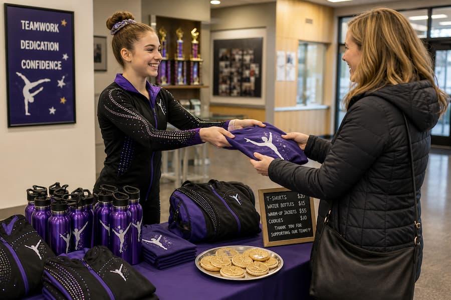 Gymnasts selling custom team merchandise and baked goods at a local gymnastic fundraiser.