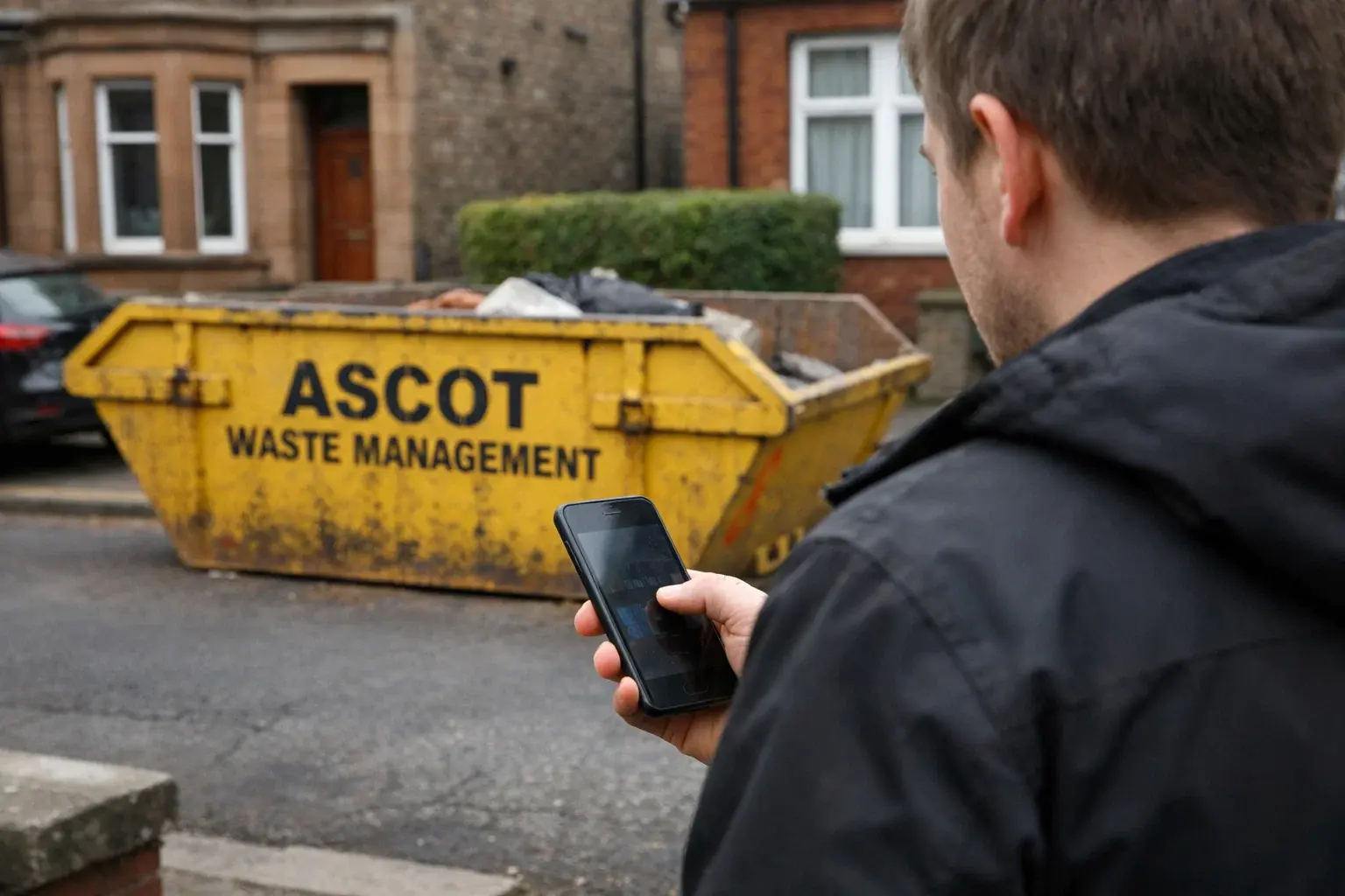Person checking skip permit details on phone next to skip in Glasgow