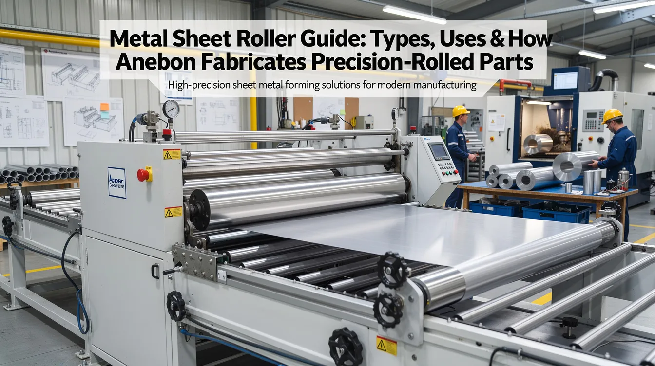 The image depicts a metal sheet roller, specifically a slip roll machine, showcasing various types of rollers used for bending and shaping sheet metal, including options for thicker materials like steel and aluminum. The machine is designed to achieve precise dimensions and curves, highlighting its capacity for manufacturing components in various industries.