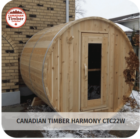 The modern Canadian Timber Harmony Outdoor saunas with a glass window.