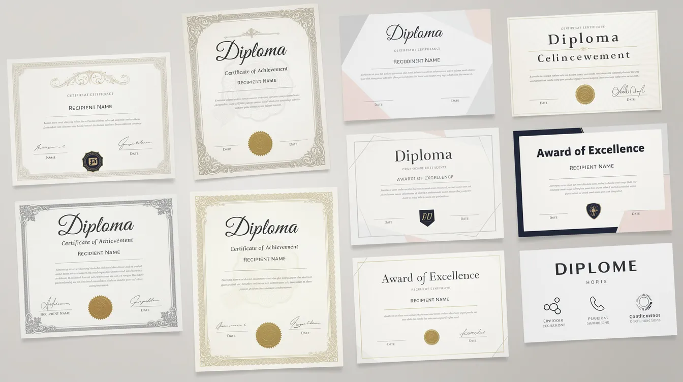 Collection of various diploma templates showcasing different styles and designs.