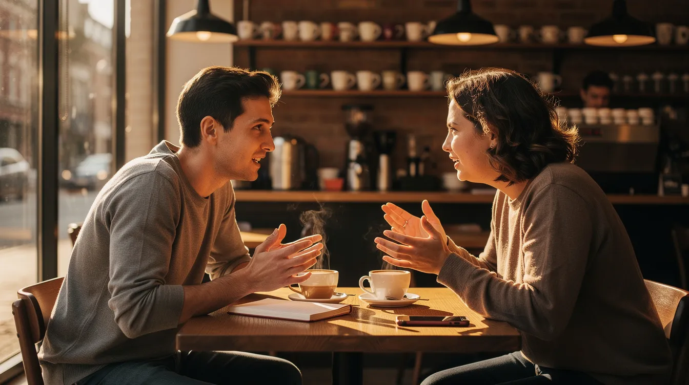 The image depicts two young people, a man and a woman, engaged in a deep conversation at a cozy coffee shop table, surrounded by warm lighting and comfortable decor. Their interaction reflects the emotional intimacy often sought in modern dating, as they share stories and laughter, embodying the hopeful essence of new relationships in today's dating scene.