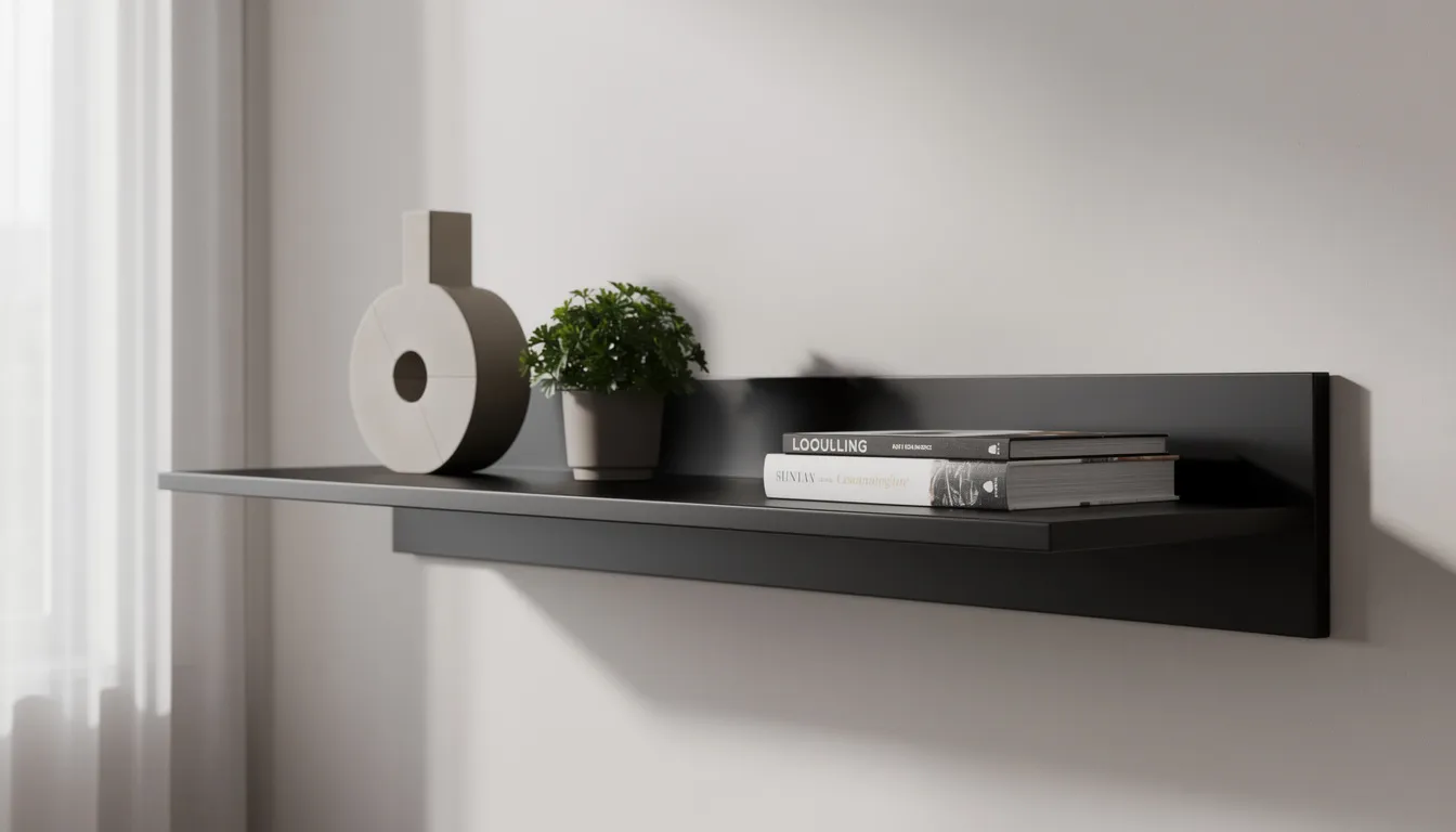 Een strakke zwarte zwevende wandplank is geplaatst tegen een lichte muur en bevat een stijlvolle designvaas, een groene plant en enkele kunstboeken, wat bijdraagt aan een moderne en minimalistische uitstraling in de woonkamer. De combinatie van deze elementen zorgt voor een sfeervolle decoratie die perfect past in een eigentijds interieur.