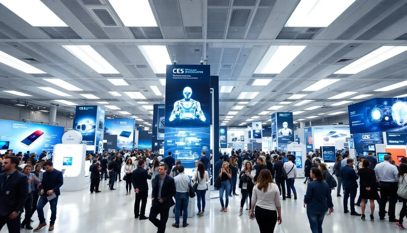 The image depicts a bustling scene at the Consumer Electronics Show (CES) held at the Las Vegas Convention Center, featuring technology displays and interactive demonstrations that attract crowds of tech enthusiasts and industry professionals. Attendees engage with the latest products and innovations, highlighting Las Vegas as a premier destination for leading trade shows.