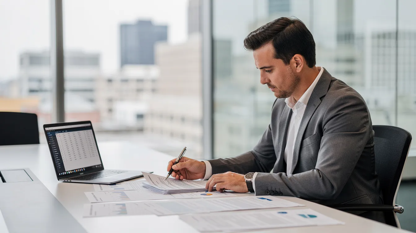 A small business owner is seated at a conference table, intently reviewing various estate planning documents and financial affairs paperwork, possibly considering aspects like minimizing estate taxes and managing assets for future beneficiaries. The setting suggests a focus on thorough preparation for the estate planning process to protect family members and ensure a comprehensive estate plan.