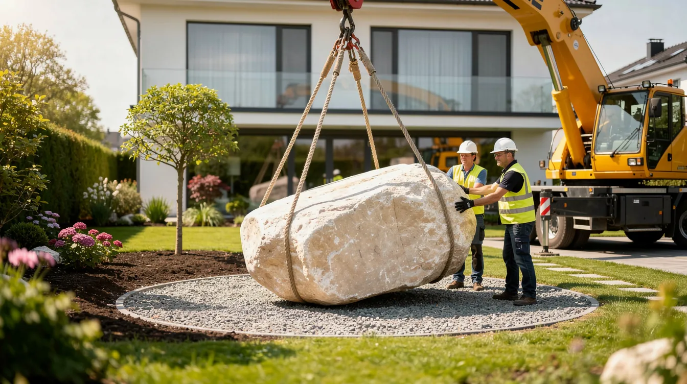 A large limestone boulder is being carefully placed by a crane in a residential garden, showcasing its natural stone texture and weight. This boulder, with its significant dimensions, is an ideal feature for landscaping projects, potentially serving as a decorative element or part of a retaining wall. Stone Weight Calculator
