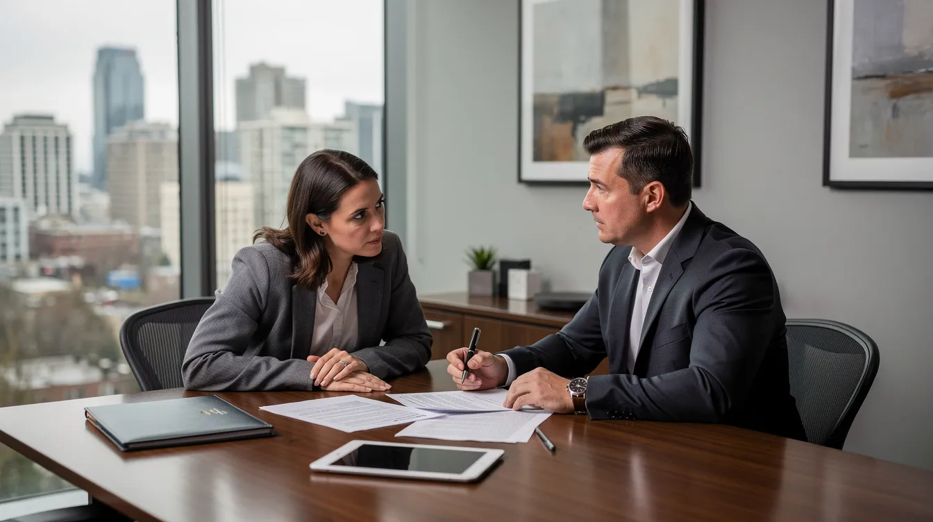 A personal injury attorney is engaged in a serious consultation with a client in a modern law office, discussing documents related to a truck accident case. The professional setting features large windows with a view of the Seattle cityscape, and the desk is organized with papers, a tablet, and a legal folder, conveying trust and guidance in the legal process.