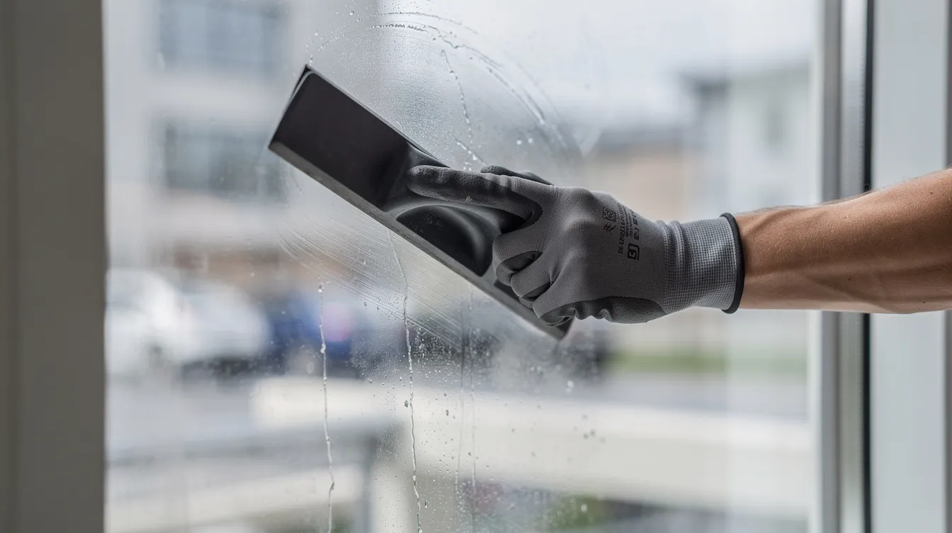 A person is applying a clear window protection film to glass windows using a squeegee technique, ensuring a smooth finish while reducing the risk of mortar stains and debris. The scene captures the careful installation process, highlighting the importance of protecting the surfaces during construction or renovation.