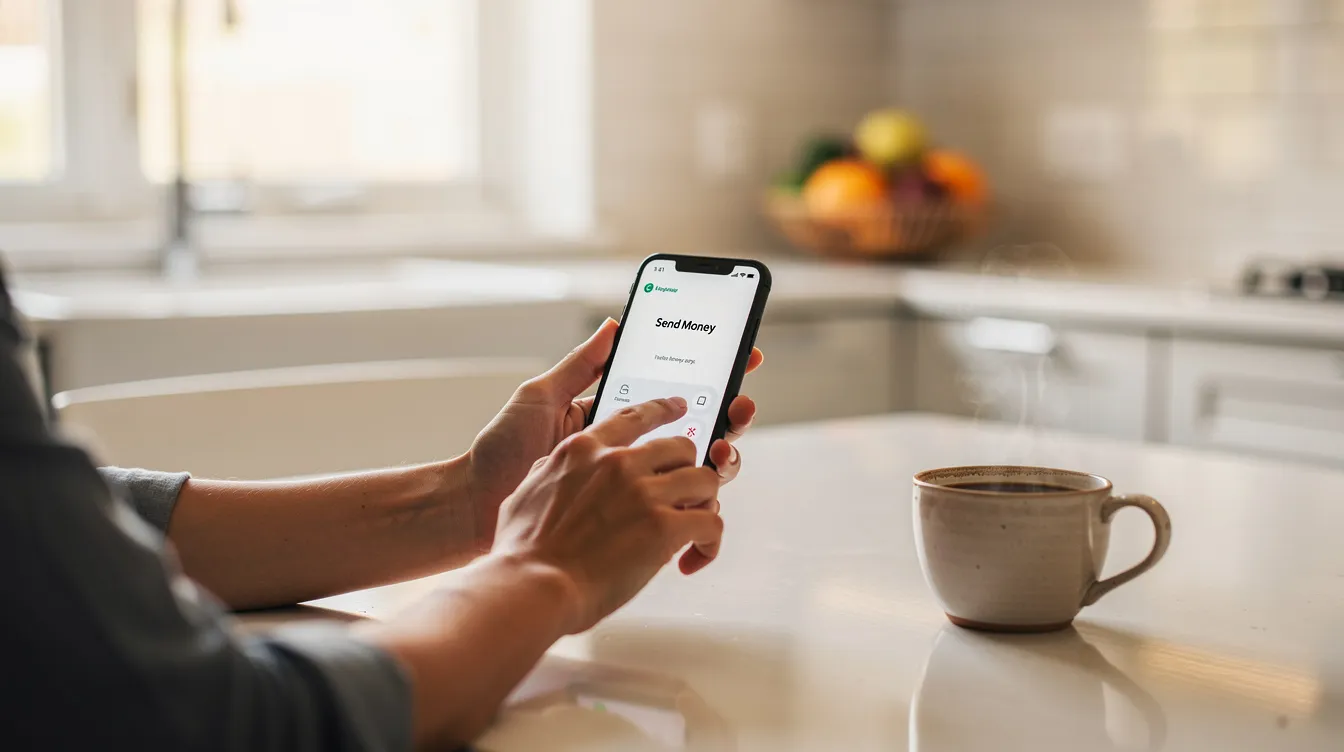 A person is seated at a kitchen table, focused on their smartphone as they send money internationally, with a coffee cup placed nearby. This scene highlights the convenience of using a mobile wallet for secure money transfers and showcases the ease of sending money online.