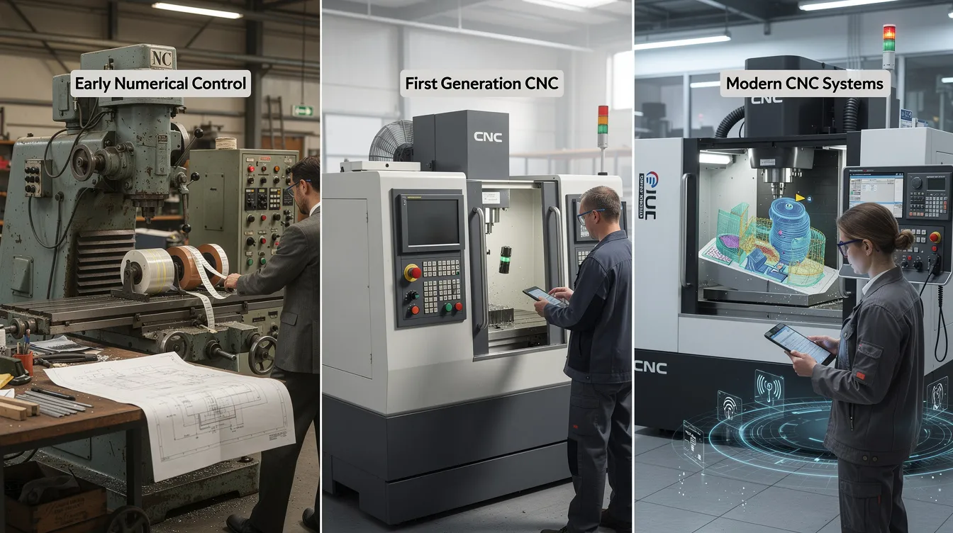 The image depicts a timeline showcasing the evolution of NC and CNC machines, highlighting key advancements from early numerical control systems to modern computer numerical control technology. It illustrates various machine tools, including NC milling machines and CNC lathes, emphasizing their role in precision machining and the manufacturing industry.