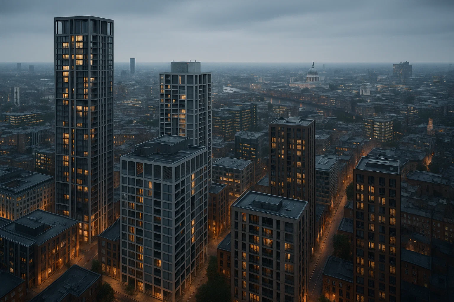 A realistic aerial view of modern London high-rise buildings highlighting the architectural complexity of fire safety case studies.