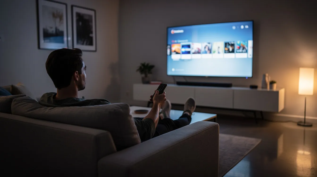 A person is comfortably relaxing on a sofa, using a remote control to browse channels on a large wall-mounted smart TV in a dimly lit modern room. The scene captures a cozy atmosphere, ideal for enjoying high-quality streaming of live TV and premium channels through IPTV services.