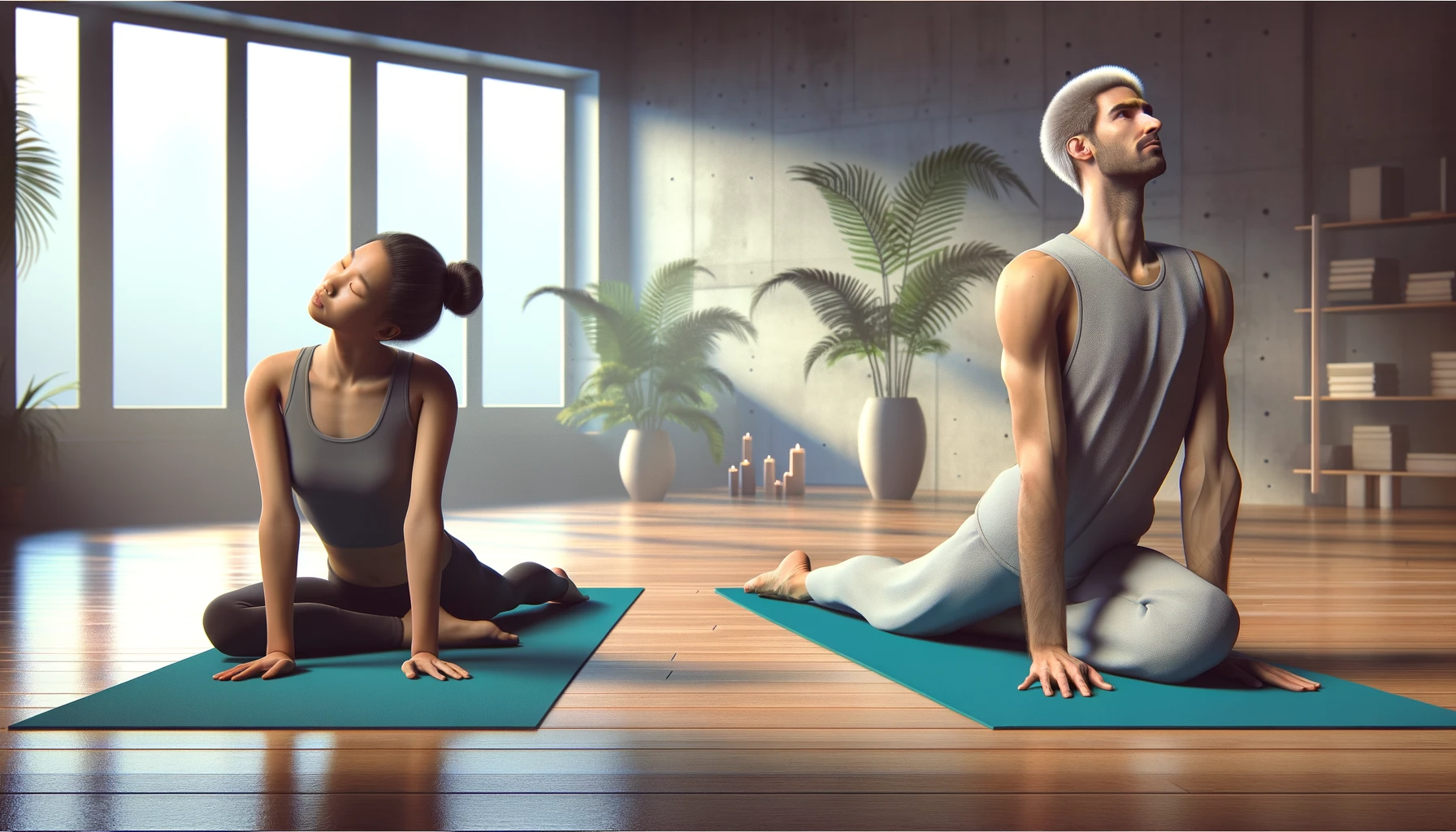depicting a beginner yogi awkwardly positioned in the Baby Cobra pose, alongside a professional demonstrating the correct form