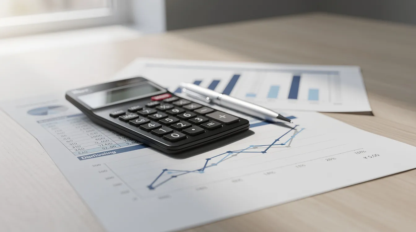 The image shows a calculator and a pen resting on top of various financial documents on a desk, symbolizing the calculations involved in securing a hard money loan for real estate investing. These documents likely include details about loan terms, costs, and repayment schedules for investment properties.
