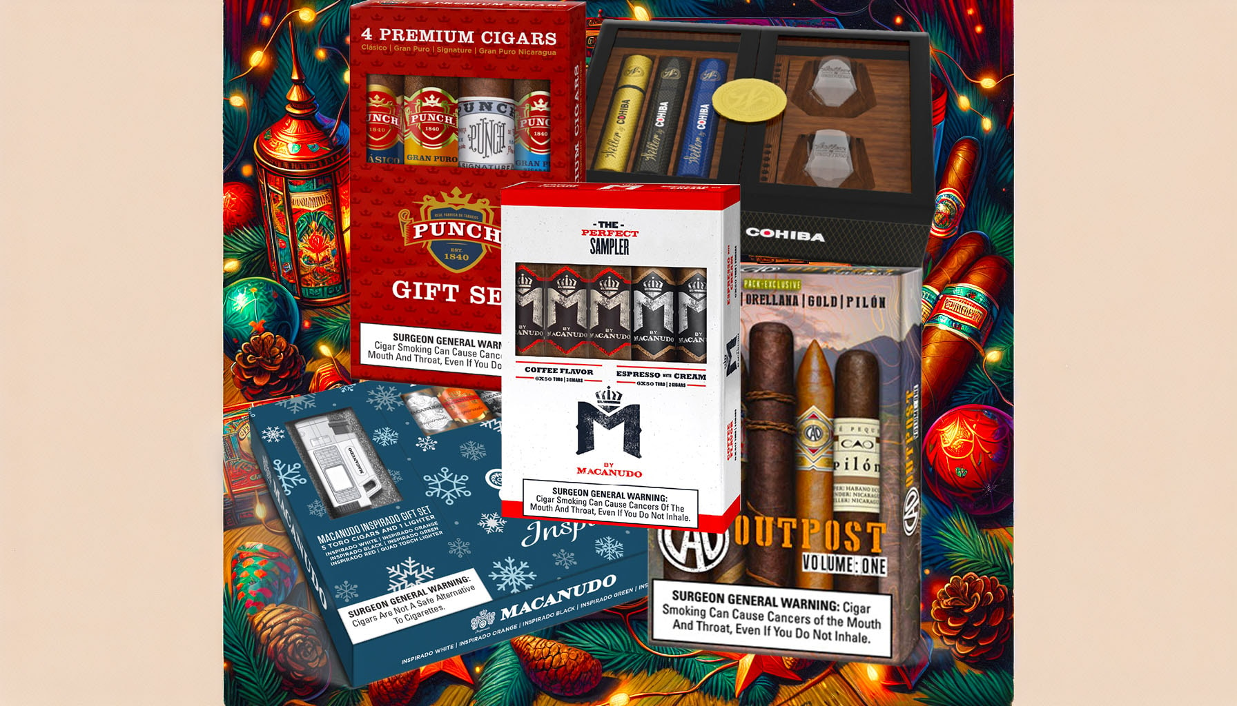 An assortment of limited edition holiday cigar samplers displayed elegantly.