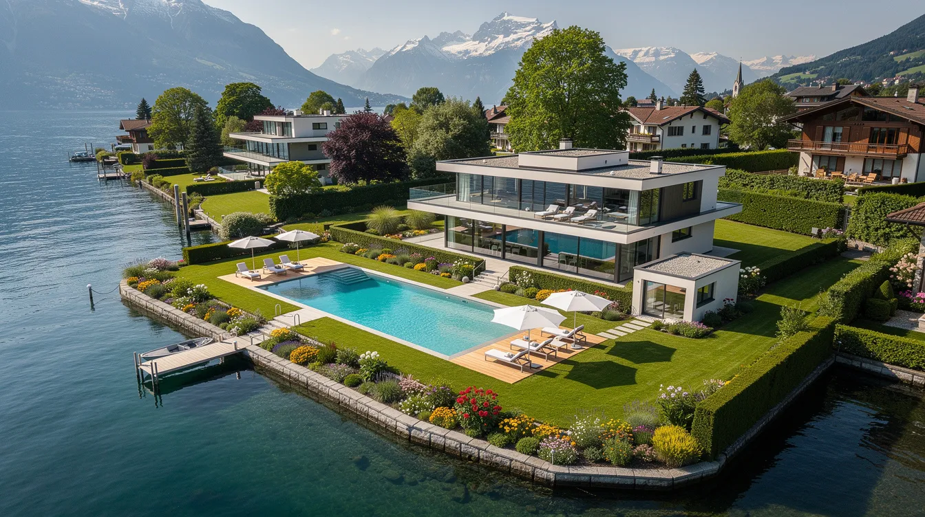 Vue aérienne d'une villa de luxe située au bord du lac Léman, entourée d'un jardin verdoyant et d'une piscine scintillante, illustrant le marché immobilier en Suisse romande. Cette propriété reflète les tendances actuelles des prix de l'immobilier et l'attrait des biens de luxe dans cette région prisée.