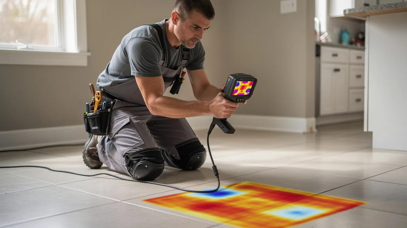 A plumber is using a thermal imaging camera to inspect a tiled floor inside a residential home, likely searching for leaks or plumbing issues that could lead to costly water damage. This visual inspection aids in diagnosing problems within the home's plumbing system without invasive methods.
