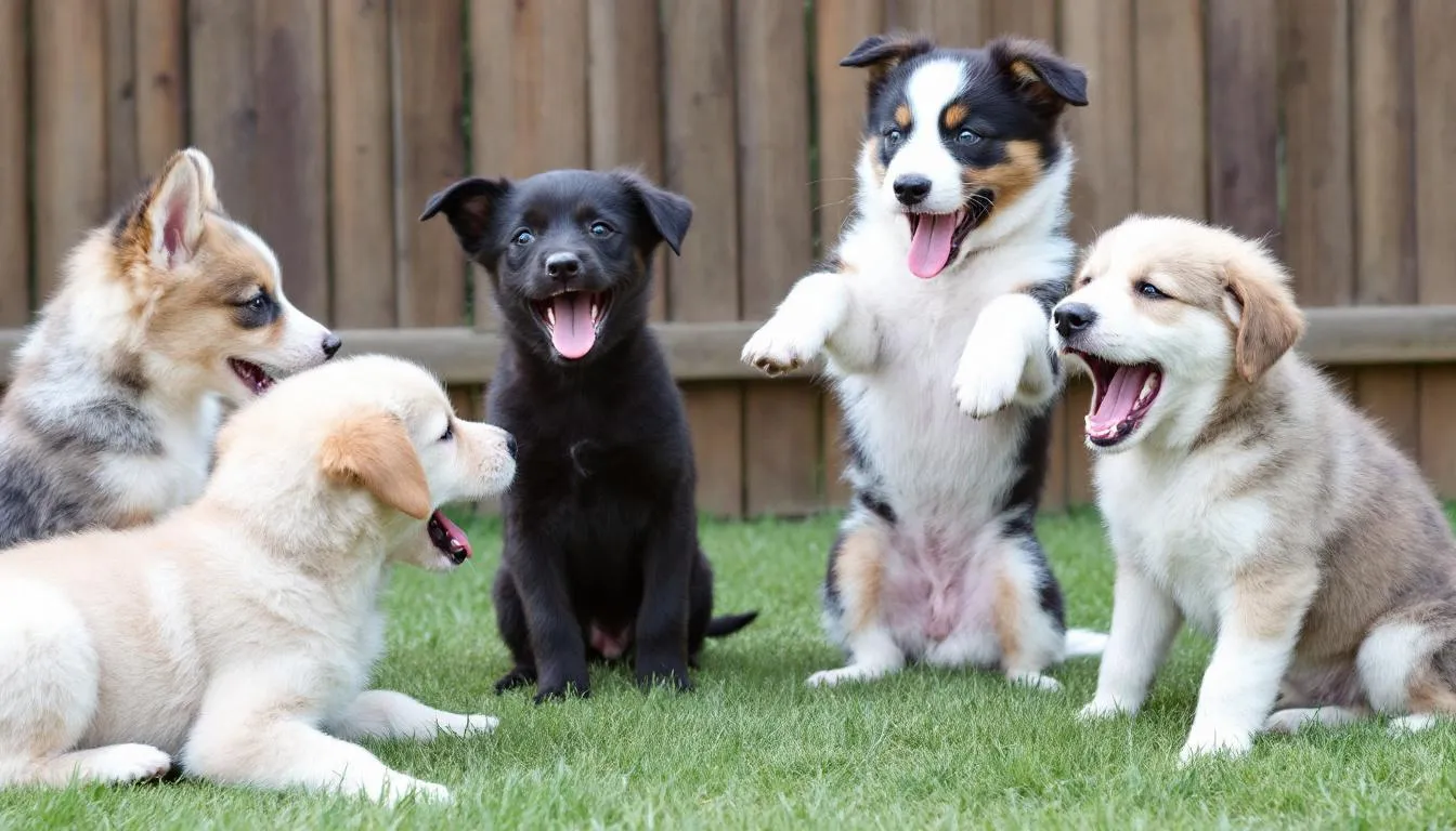 In the image, multiple puppies of different breeds are displayed, each demonstrating unique responses during a temperament test, showcasing their dominant or submissive tendencies. The scene captures the puppies interacting with various objects and stimuli, highlighting their individual personalities and potential future behavioral traits as part of the Volhard puppy aptitude test.