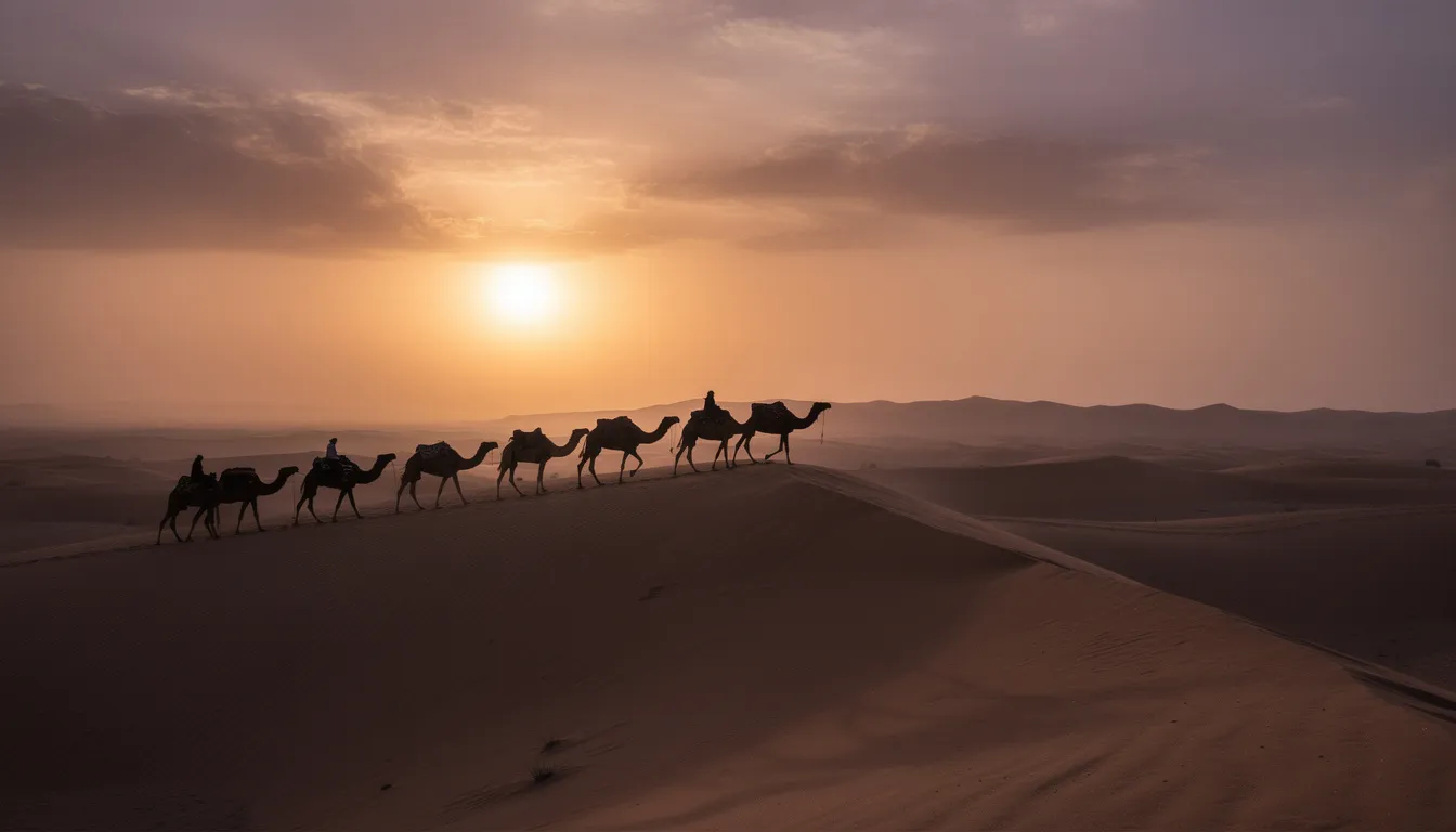A silhouette of a camel caravan gracefully traverses the sand dunes at sunset, creating a picturesque scene that captures the essence of a desert adventure. The vibrant hues of the evening sky contrast beautifully with the vast sands, offering breathtaking views reminiscent of the Sahara Desert.
