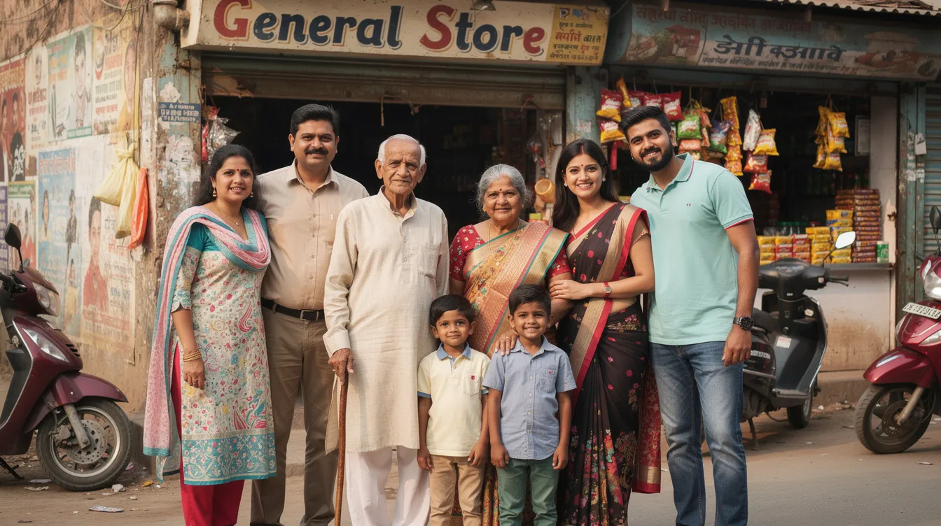 The image depicts a multi-generational Indian family standing together outside a small shop, showcasing their unity and support for their income-generating micro enterprises. This scene emphasizes the importance of financial stability and community, often essential for availing loans and ensuring successful business operations.