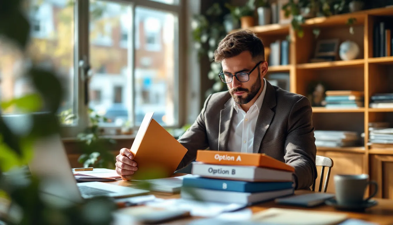 A small business owner is thoughtfully weighing two financial options, carefully considering how each choice will impact their future and customers. The scene captures the essence of the decision-making process in business finance, highlighting the importance of communication and trust in securing the right funding solutions.