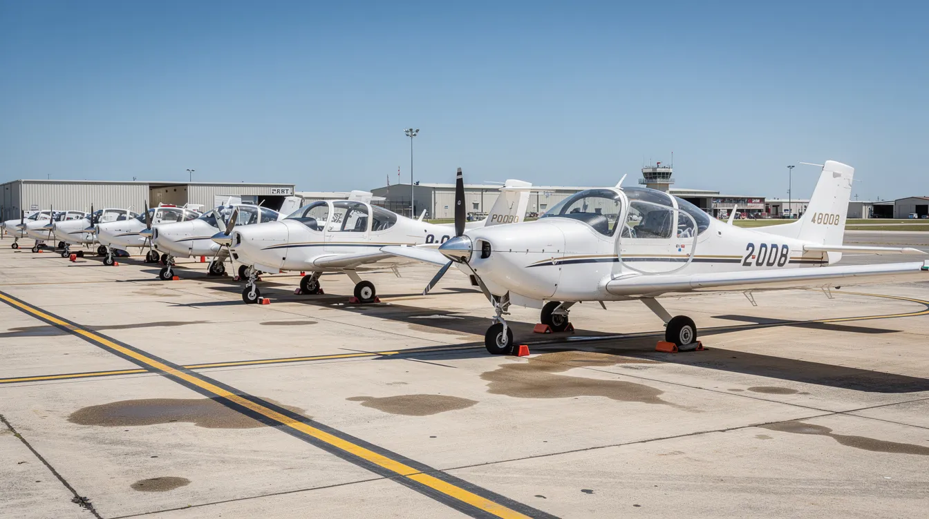 A row of small white single-engine training aircraft is parked neatly on a sunny airport ramp, ready for aspiring pilots to embark on their flight training journey. These aircraft are commonly used in flight schools for students to accumulate flight hours and work towards obtaining their private pilot license.