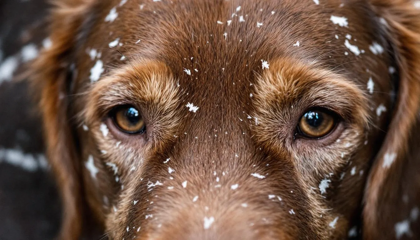 A close-up image of a golden retriever reveals visible white flakes on its dark fur coat, indicating potential issues such as dry flaky skin or dog dandruff. These flakes may suggest underlying skin health problems or allergies affecting the dog's skin and coat.