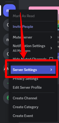 Picture showing the server setting option on a Discord server