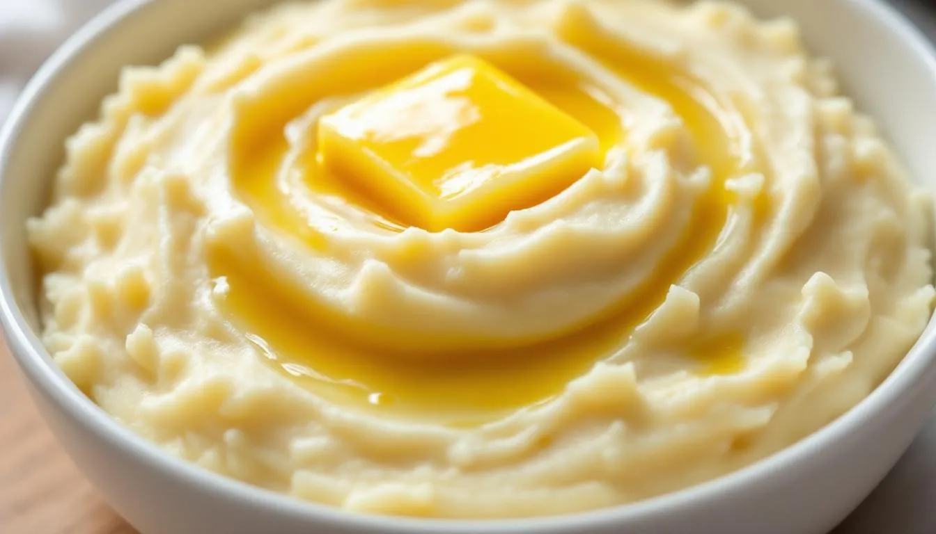 En vit skål innehåller färdigt potatismos, toppat med en klick smör som smälter på ytan. Moset är gjort av mjölig potatis, som har kokats och pressats, och är kryddat med salt och vitpeppar för att ge extra smak.