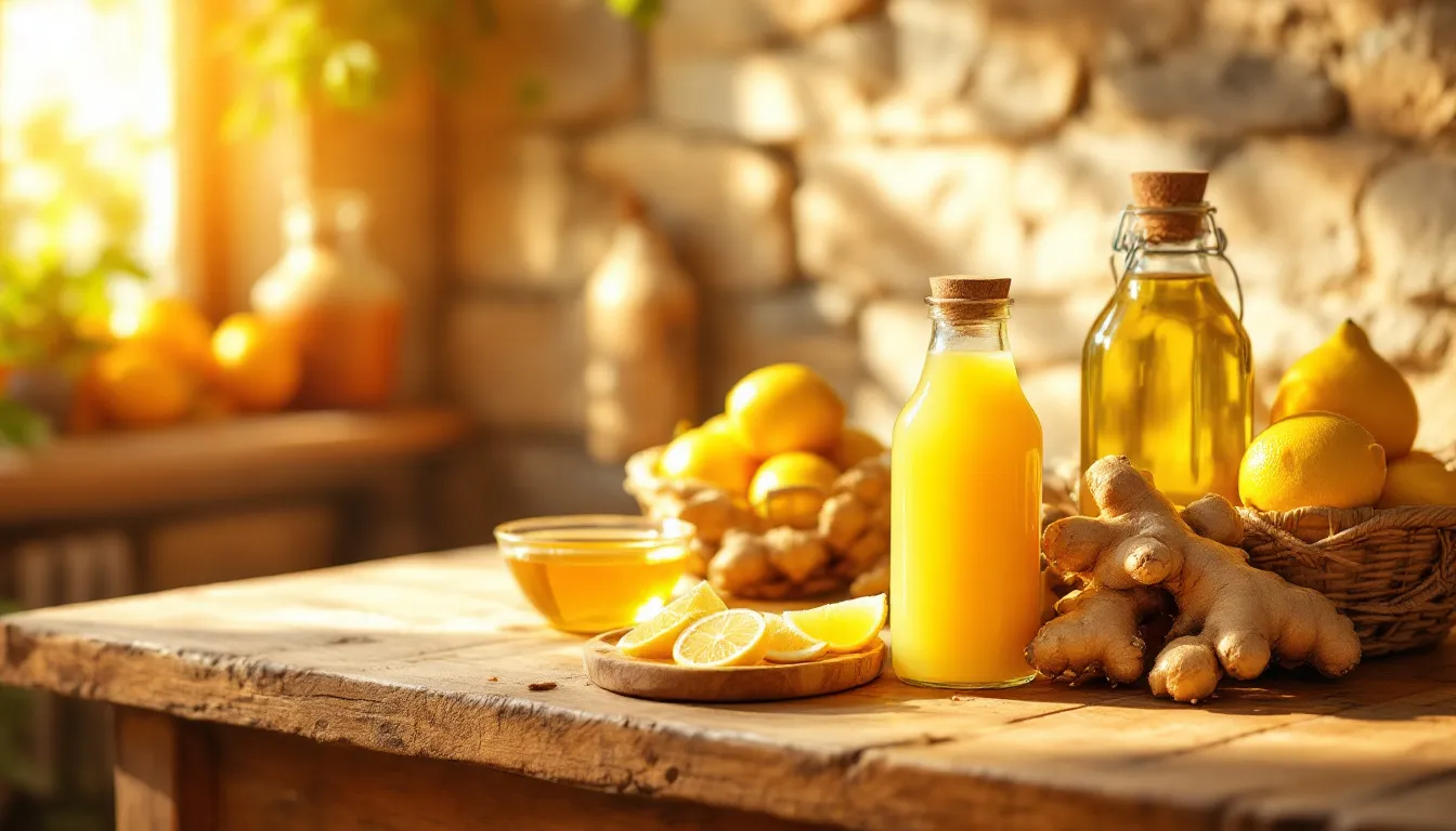 A vibrant display of fresh ginger and lemon juice, representing natural health benefits.