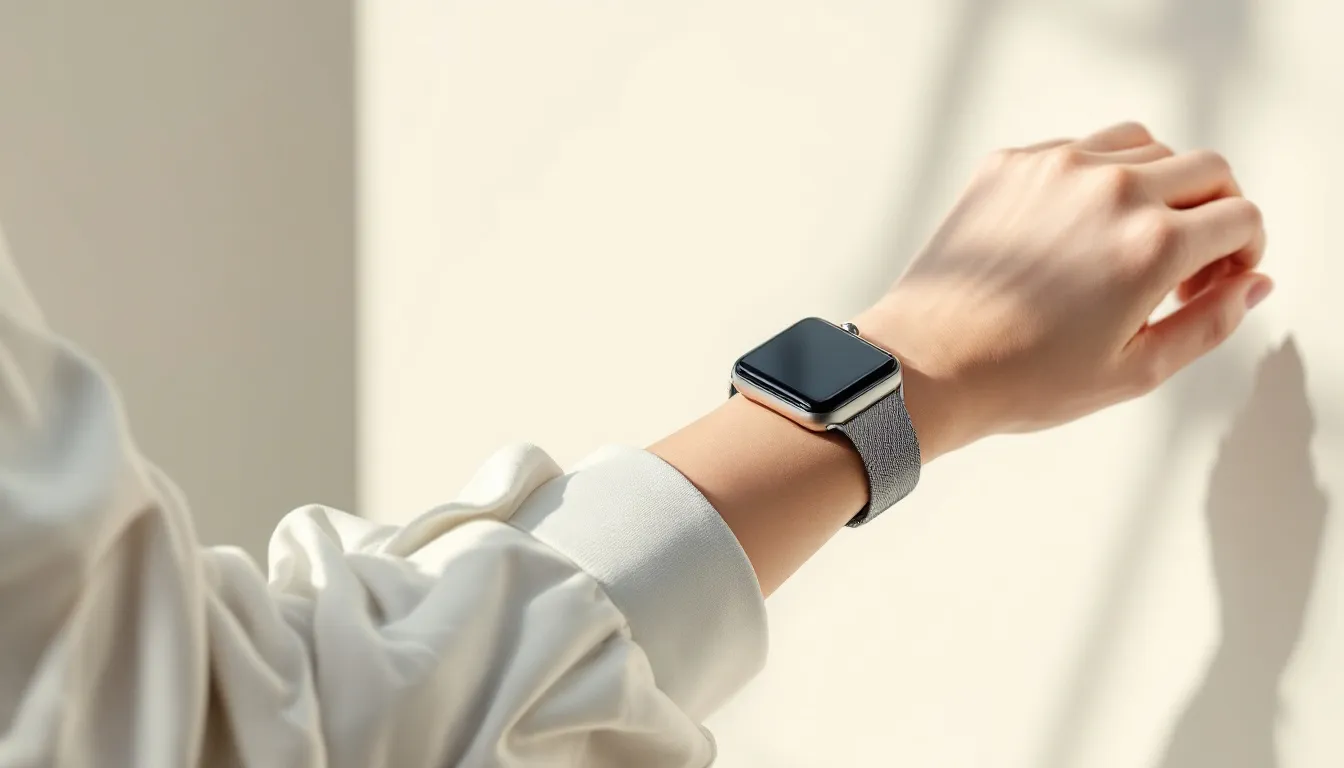 An elegant milanese strap for Apple Watch displayed on a wrist.