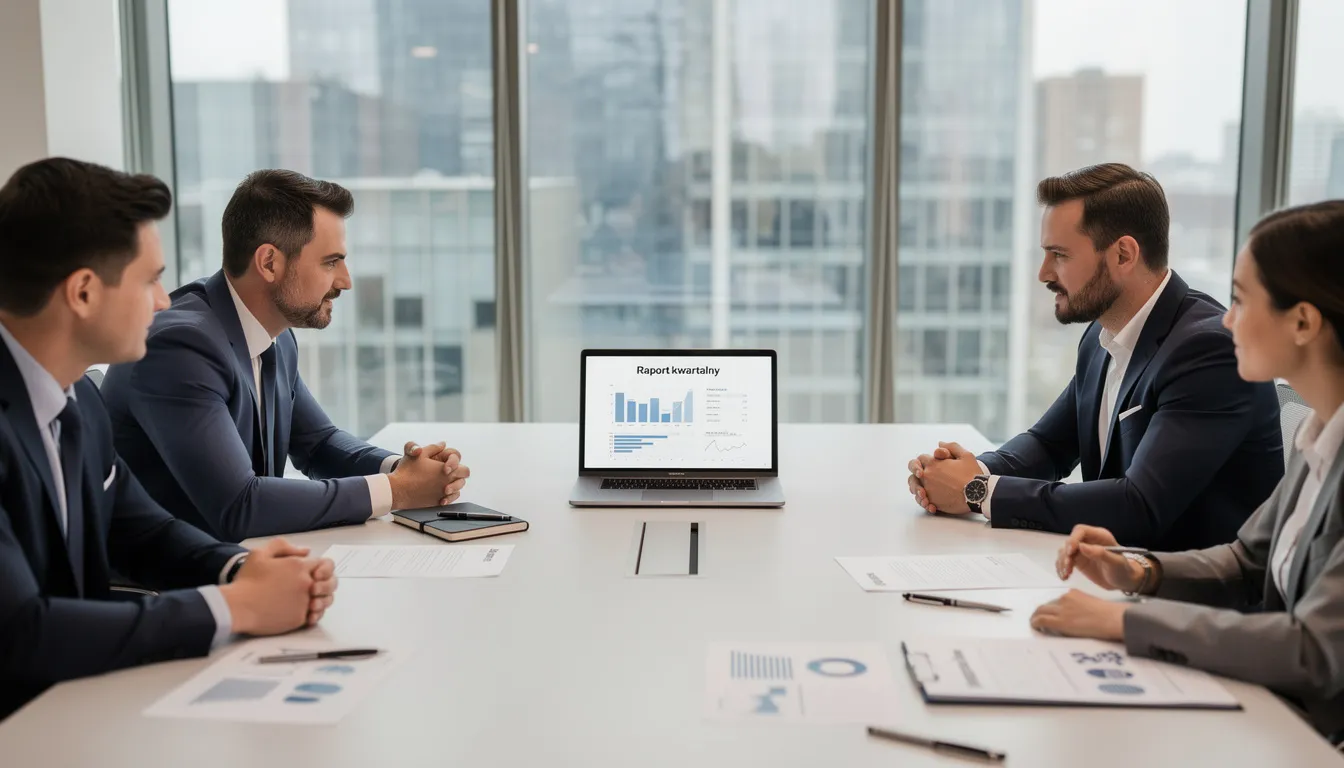 Na zdjęciu widać spotkanie biznesowe przy stole, na którym leżą dokumenty oraz laptop, w nowoczesnym biurze. Uczestnicy spotkania omawiają kwestie związane z rynkiem nieruchomości, co może sugerować, że to biuro należy do agencji nieruchomości w Warszawie, specjalizującej się w wynajmie i obrocie nieruchomościami.