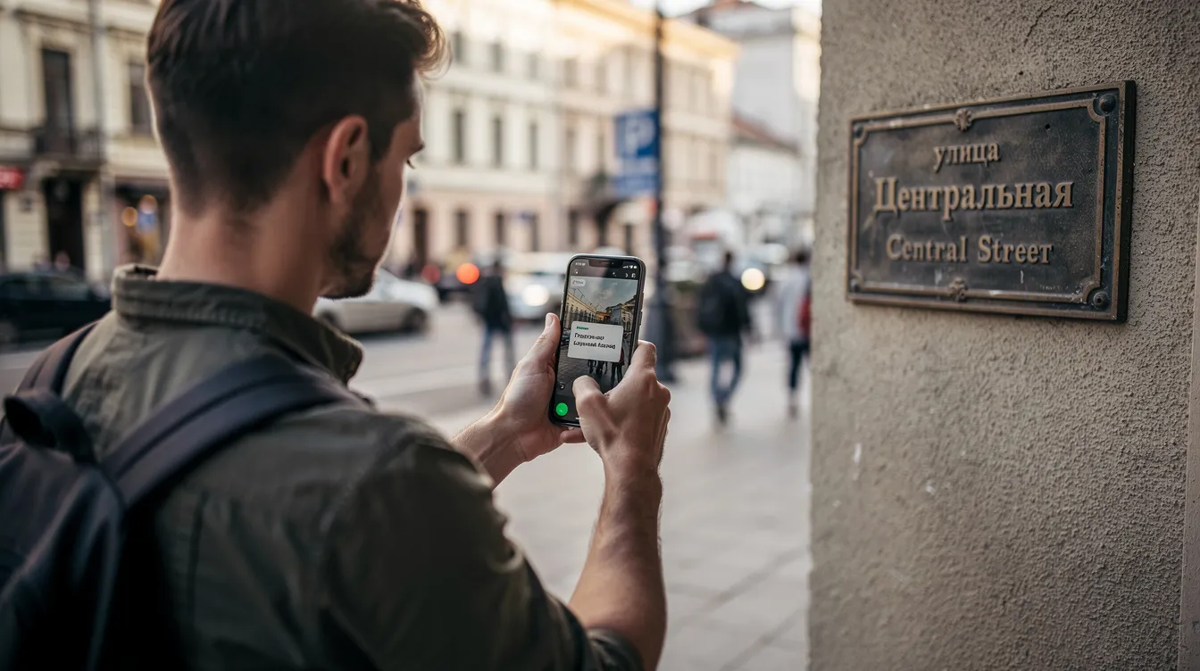 A traveler is seen using a phone camera to capture and translate a foreign language sign on the street, utilizing a translation tool for accurate translations. The scene highlights the convenience of machine translation services, allowing for seamless communication in different languages while traveling.