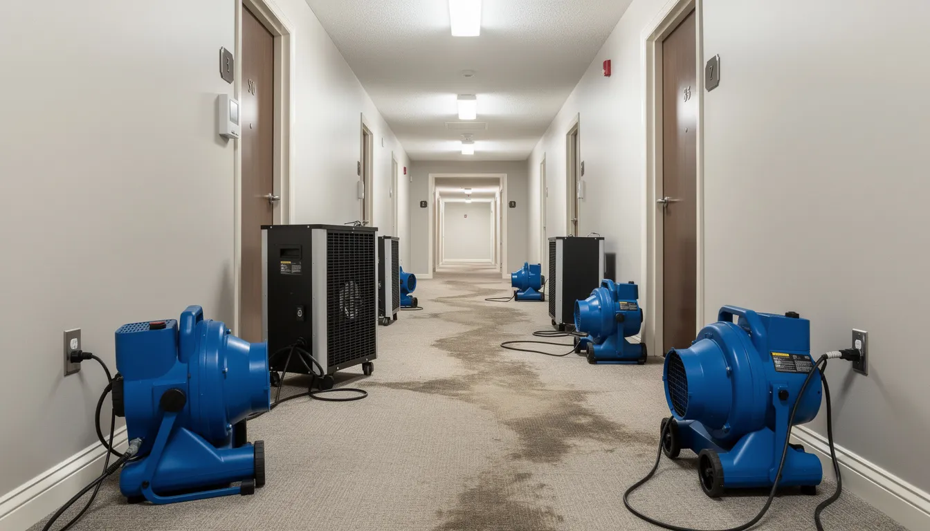 The image shows industrial dehumidifiers and air movers strategically placed in an apartment hallway, actively working to dry out the area after water damage. This setup is part of the restoration services process aimed at quickly recovering multifamily properties in Houston affected by flooding or storm damage.