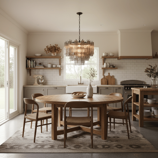 Vintage chandelier light fixture with glass detailing above farmhouse kitchen table.