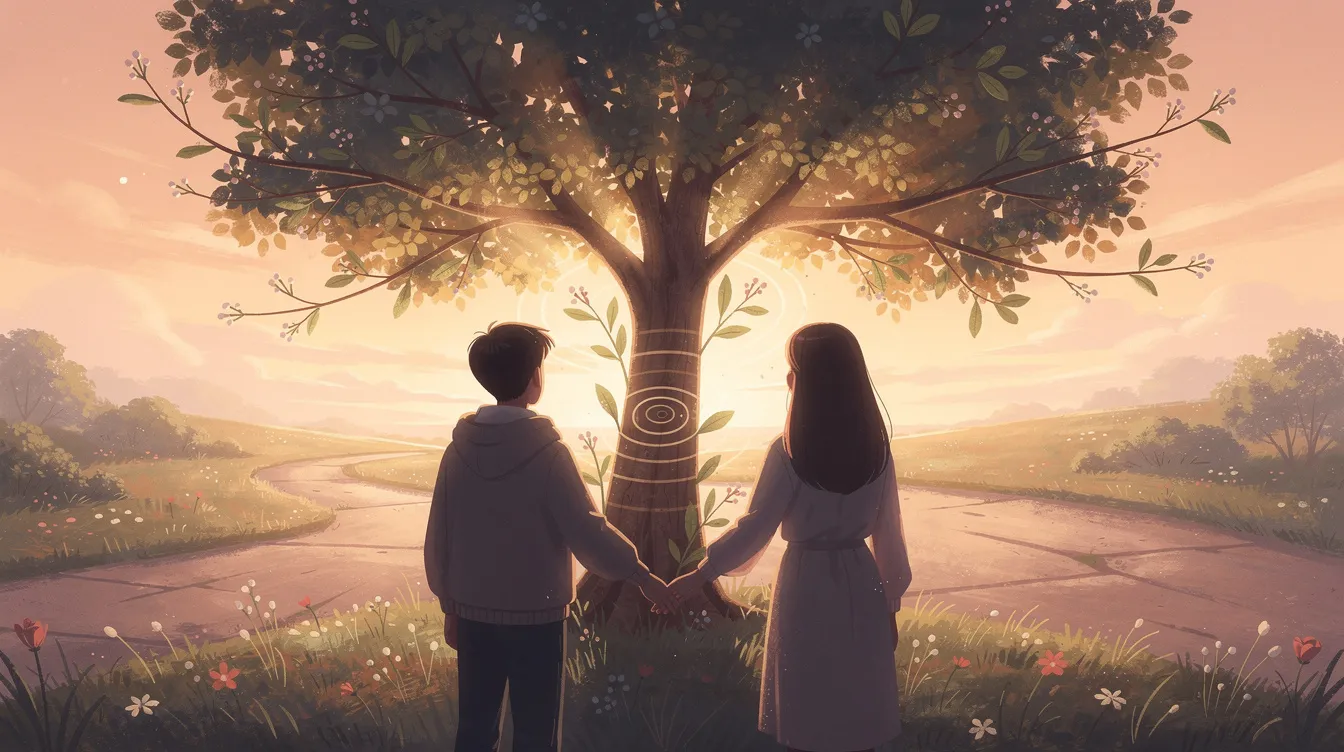 The image depicts two people sitting together, engaged in a deep conversation, symbolizing relationship growth and strong compatibility. They are sharing laughter and smiles, illustrating a love connection that thrives on understanding and shared interests, suggesting they are a perfect match for each other.